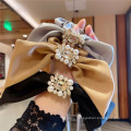 Korean Solid Fabric Pearl Rhinestone Bow Knot Scrunchies Hair Tie Elastic Band Ring Cute Girl Head Rope Rubber